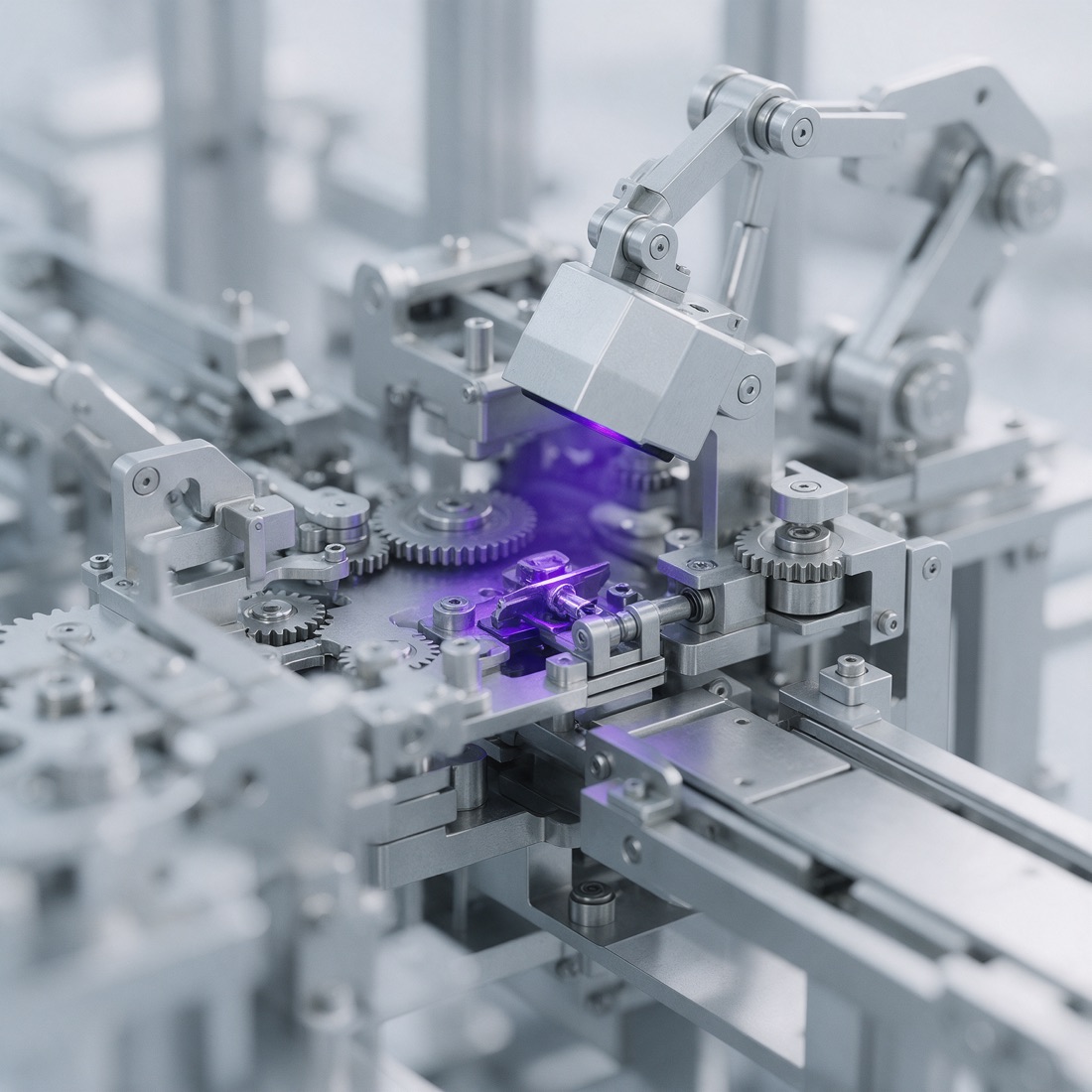 A pale steel automated production station with a violet curing lamp casting light on the single part being worked